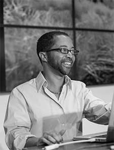 Lindsay Grace at Computer in Black and White