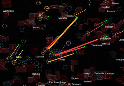 A map of some of the tornados with some of the longest paths from 1955-1995.