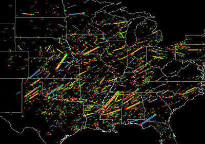 A map of some of the tornados with some of the longest paths from 1955-1995.