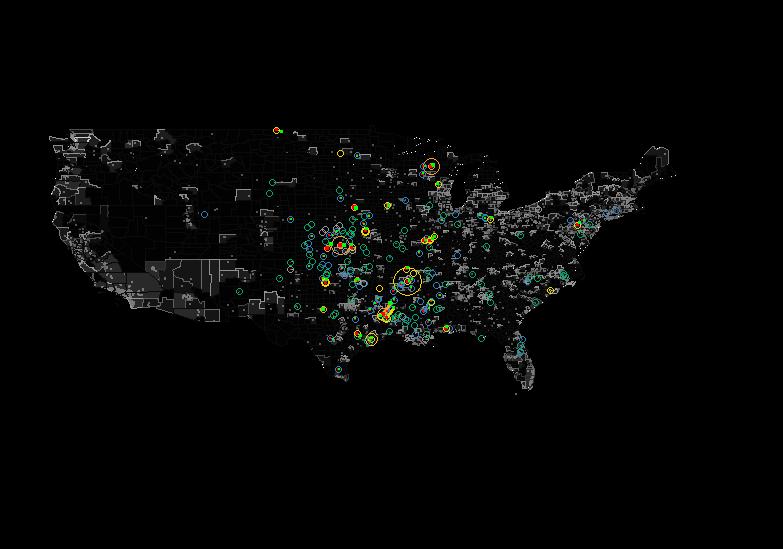 Map of tornadoes in the U.S.A.